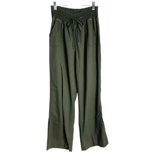 Cavalini Linen Blend Boho Pants Womens L Green Wide Leg‎ Elastic Waist Pull On